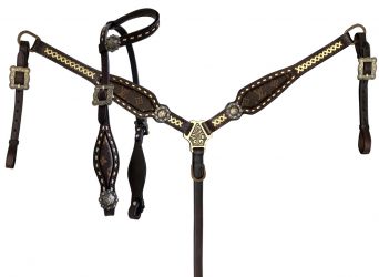 Klassy Cowgirl Argentina Cow Leather Re-Purposed Louis Vuitton Headstall and Breast Collar Set with gold leather lacing